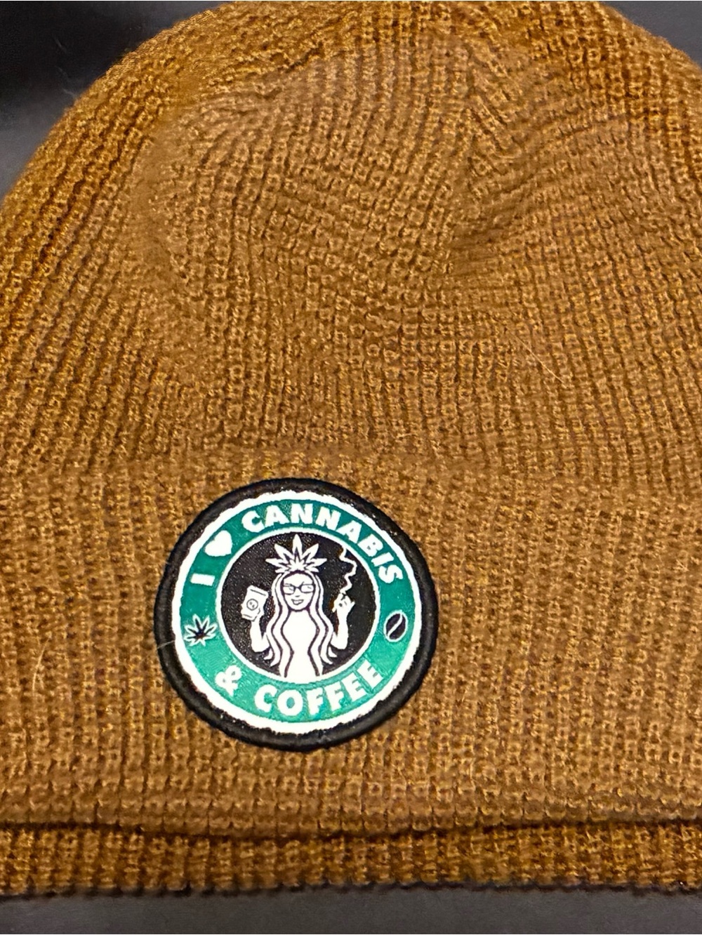 I ♥ Cannabis & Coffee Patch Beanie - Mustard Brown